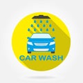 Car wash icon or label with auto shower and water drops. Washing vehicle symbol in flat design with long shadow. Royalty Free Stock Photo